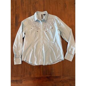 RU Cowgirl Light Blue Western-Style Embroidered women’s Button- Down